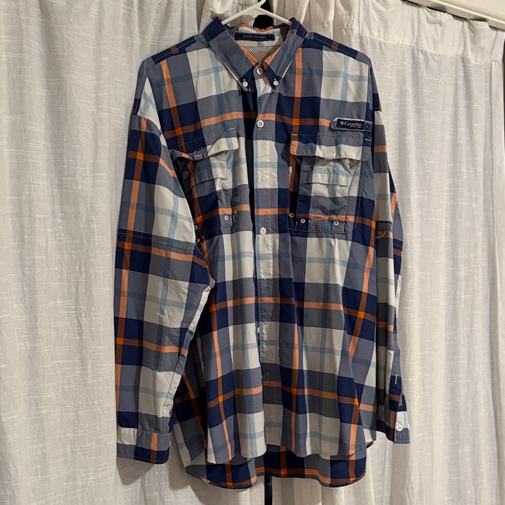 Columbia Men's Casual Blue and Orange Checkered Shirt